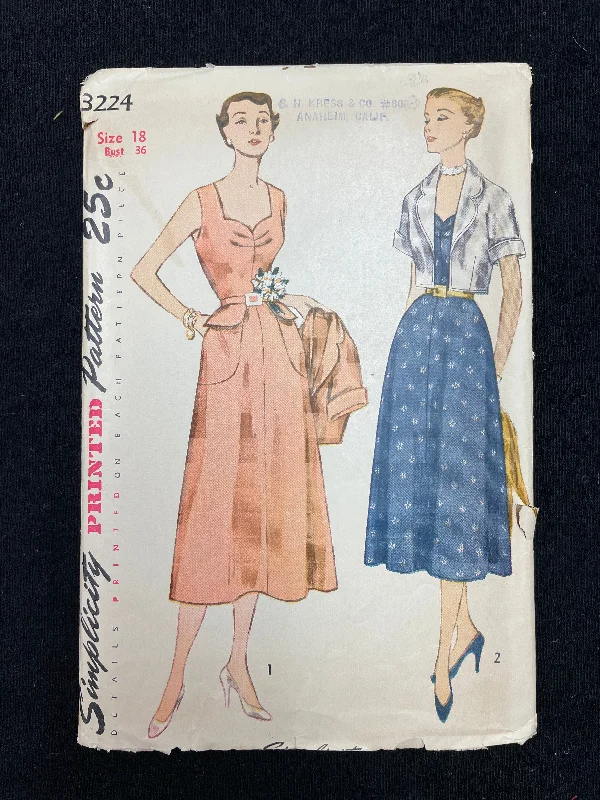 1950 Simplicity 3224 Sewing Pattern - Dress and Bolero Jacket Wool Fabric Cashmere Fabric Tweed Fabric