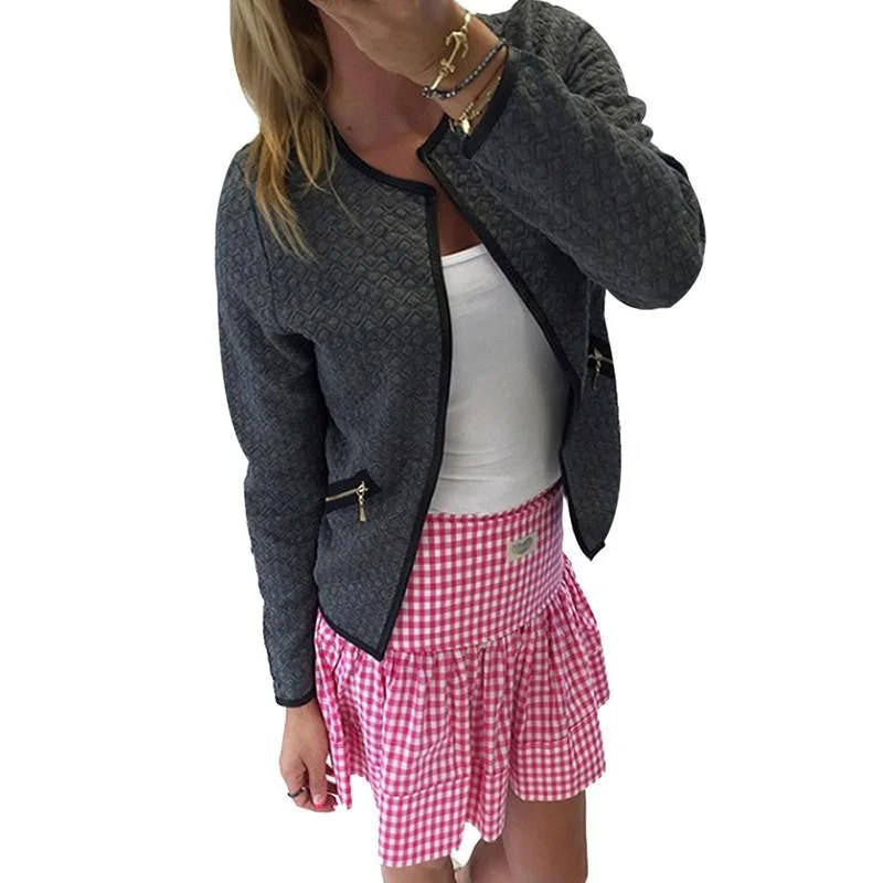 women jacket plaid print coat open stitch casual tops solid female short outwear fashion o neck Zippered Front Buttoned Front Snap Front