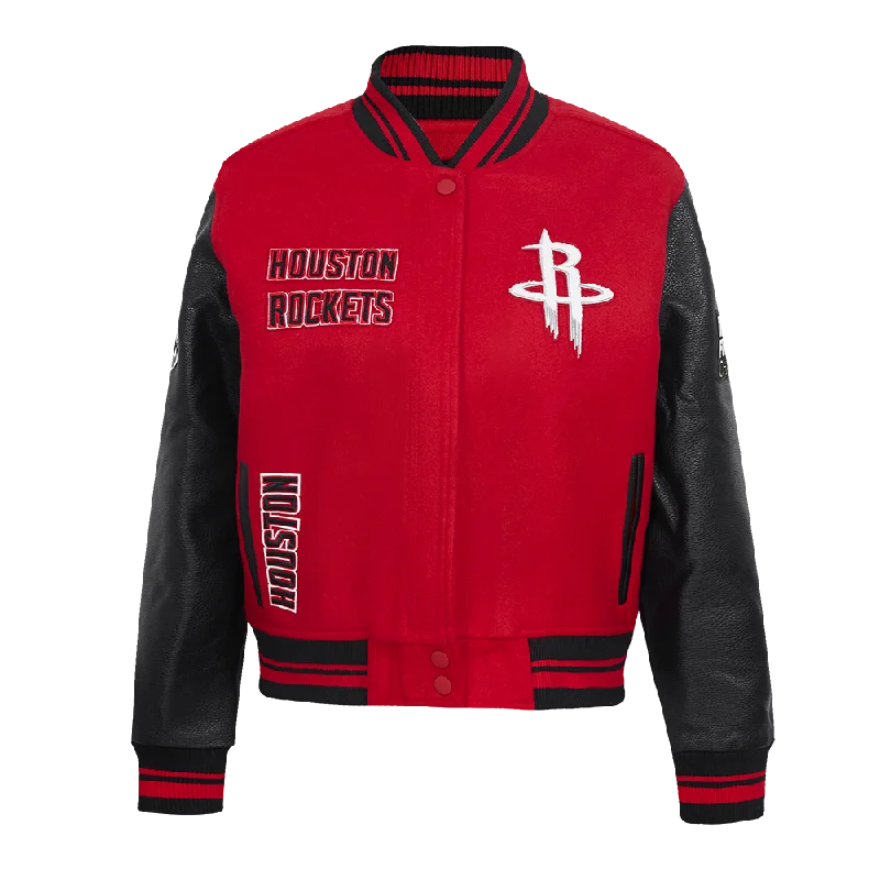 NBA HOUSTON ROCKETS RETRO CLASSIC WOMEN'S RIB WOOL VARSITY JACKET (RED/BLACK) Elasticated Jacket Padded Jacket Insulated Jacket