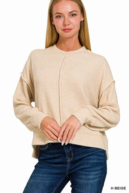 Patchability Heather Beige Hi Low Hem Sweater (Size L/XL) Satin Blend Silk Blend Wool Blend