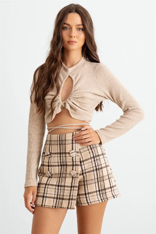 Ribbed Cut-Out Back Tie Around Hem Crop Top Hooded Caped Shawl Collar