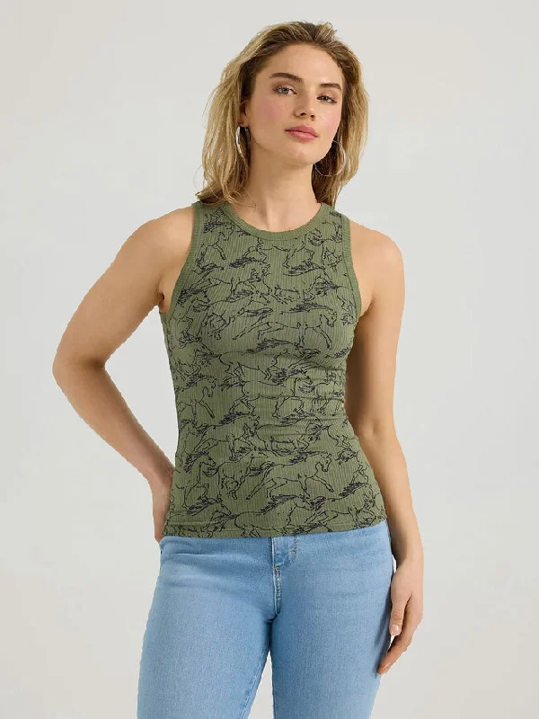 Wrangler 112361137 Womens Printed Slim Goddess Tank Olive Green stylish tank top