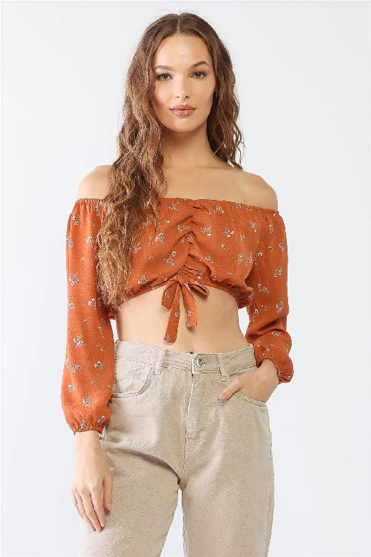 Floral Off-The-Shoulder Long Sleeve Ruched Crop Top Solid Color Striped Floral