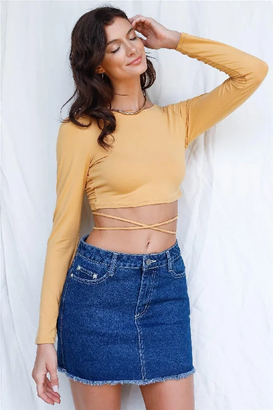Dusty Yellow Back Criss-Cross Ruched Self-Tie Detail Crop Top Hooded Caped Shawl Collar