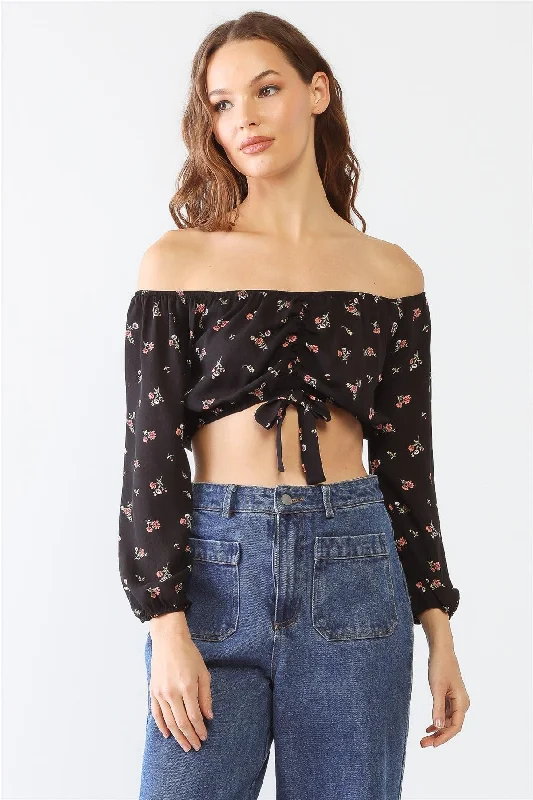 Floral Print Off-The-Shoulder Ruched Crop Top Plaid Crop Top Polka Dot Checkered