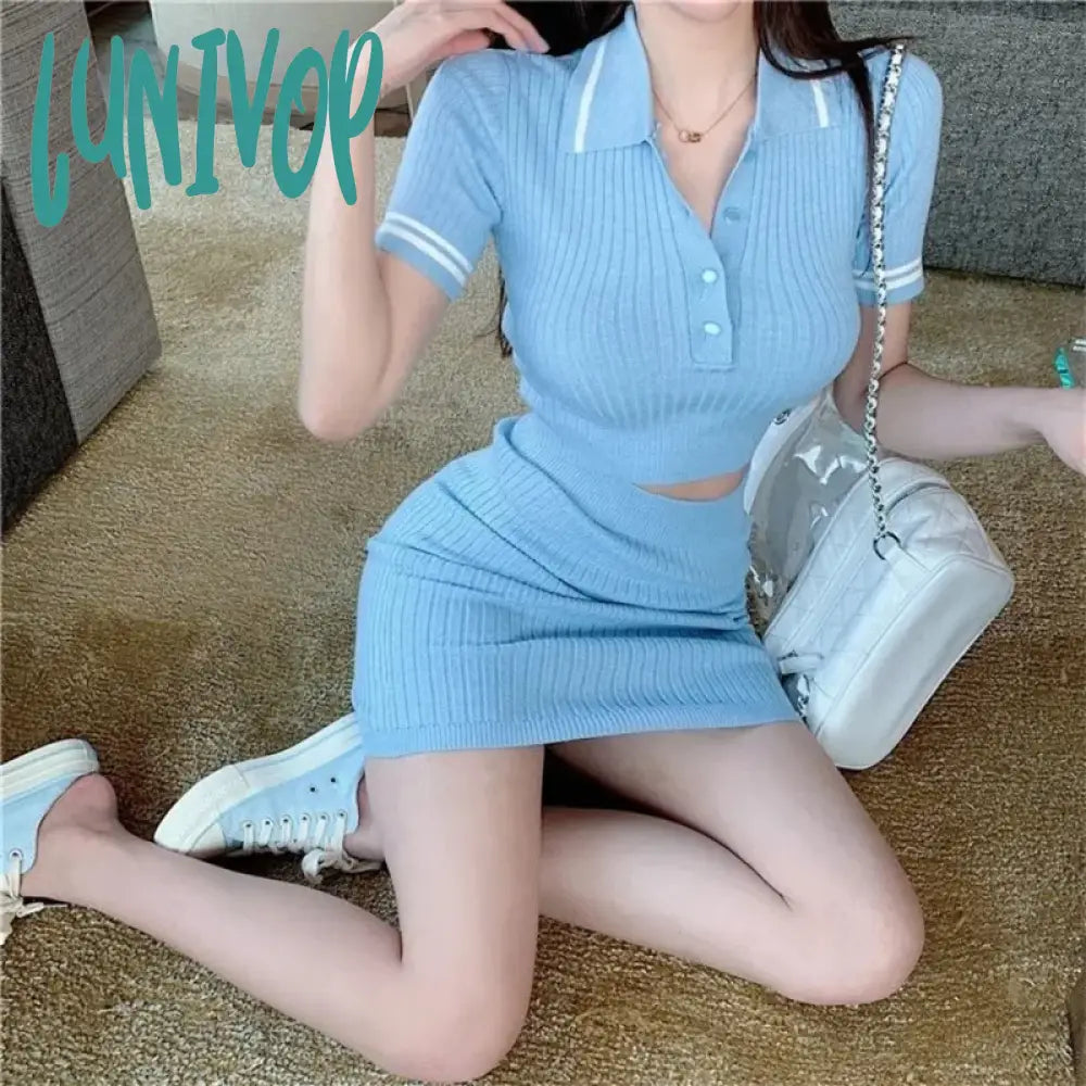 Lunivop 2 Peices Set Women Suits with Skirt Korean Fashion Turn-down Collar Short Sleeve Crop Top and High Waist Knitted Mini Skirts Wool Fabric Cashmere Fabric Tweed Fabric