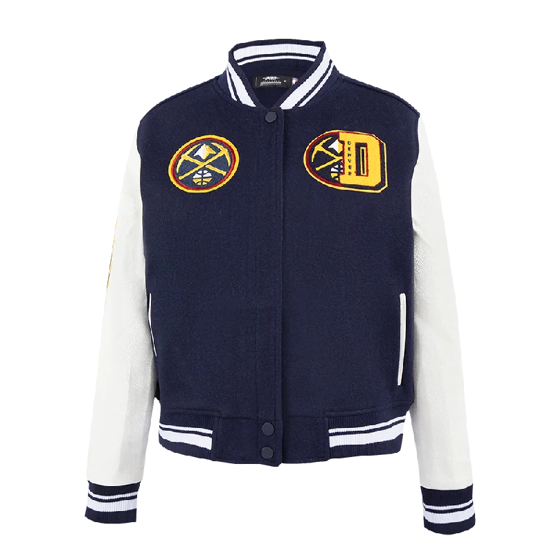 NBA DENVER NUGGETS MASHUP WOMEN'S RIB WOOL VARSITY JACKET (MIDNIGHT NAVY/WHITE) Boat Neck Shawl Collar Notched Collar