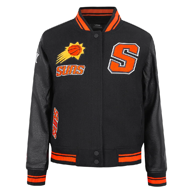 NBA PHOENIX SUNS RETRO CLASSIC WOMEN'S RIB WOOL VARSITY JACKET (BLACK/ORANGE) Toggled Jacket Drawstring Jacket Belted Jacket