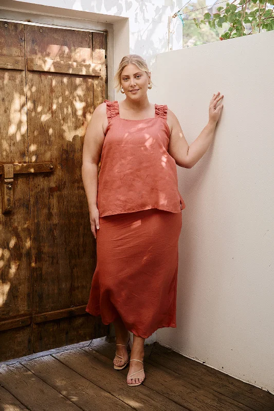 Katie Linen Bias Cut Skirt in Desert Rose denim skirt casual