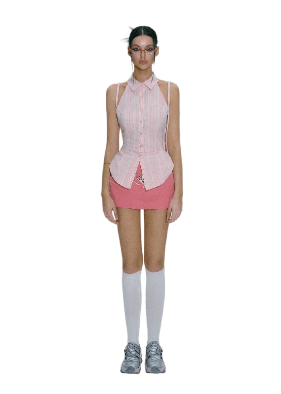 Adjustable Off-Shoulder Pink Striped Vest & Low Waisted Skirt patchwork skirt art