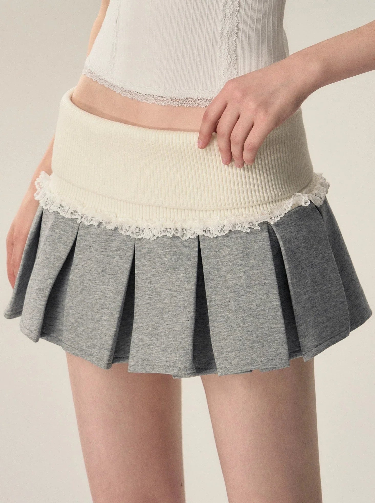 High Waist Knitted Lace Spliced Pleated Skirt wool skirt sturdy
