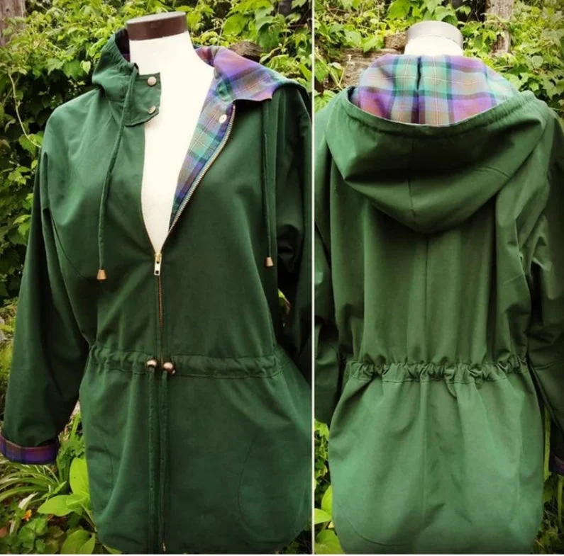 Tartan Lined Rain Jacket~Forest Green Cotton Fabric Linen Fabric Terry Fabric