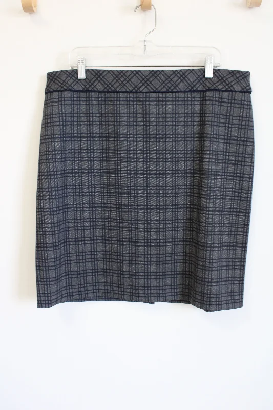 Roz & Ali Gray Blue Plaid Fitted Pencil Skirt | XL silk skirt lustrous