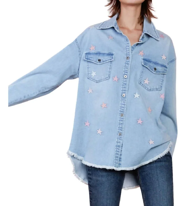 Denim Star Embroidered Shirt Jacket In Blue Print Jacket Jacquard Jacket Embroidered Jacket