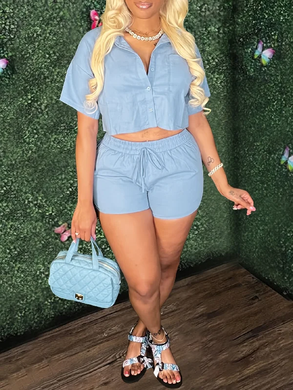 Chic Solid Two-piece Set - Soft Short Sleeve Crop Top with Button Detail & Drawstring Waist Shorts - Effortless Casual Style for Women Rayon Velvet Corduroy
