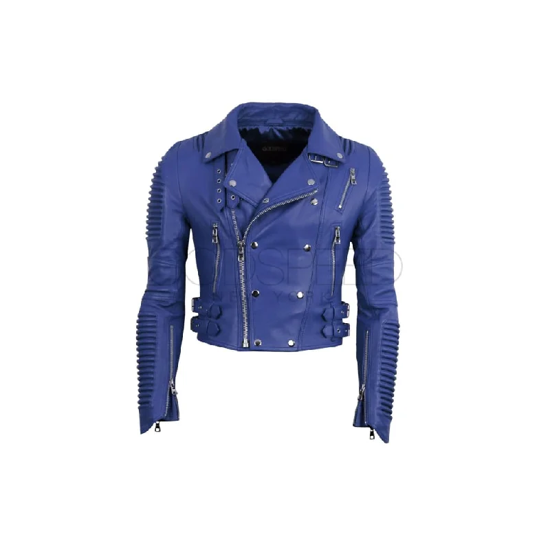 Women Moto Jacket ( Royal Blue) Cotton Fabric Linen Fabric Terry Fabric