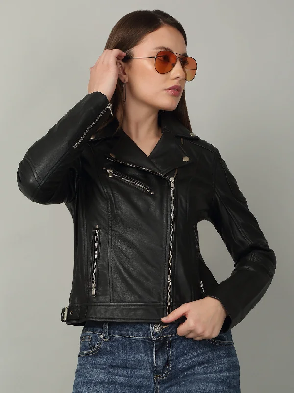 Women's Black Biker-Style Leather Jacket Wool Jacket Cashmere Jacket Tweed Jacket
