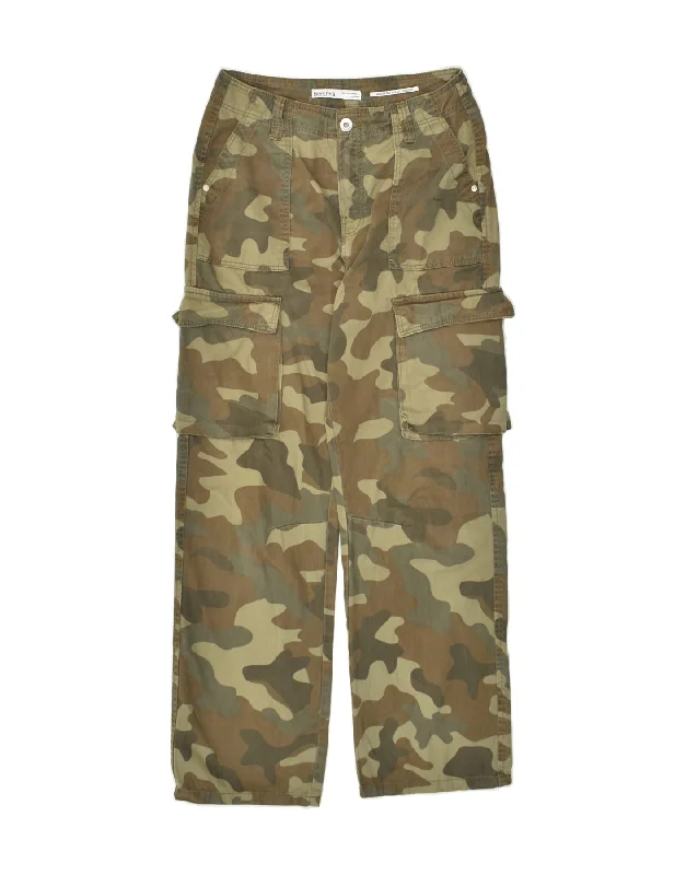 BERSHKA Womens Mid Rise Straight Cargo Trousers EU 34 XS W24 L31 Khaki Trousers Running Lightweight