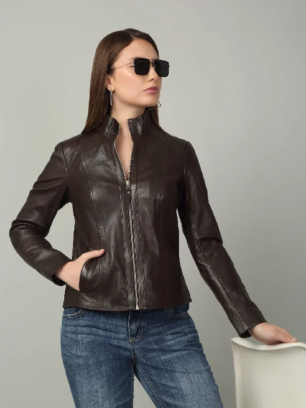 Women Brown High-Neck Leather Jacket Insulated Jacket Fitted Jacket Loose Jacket