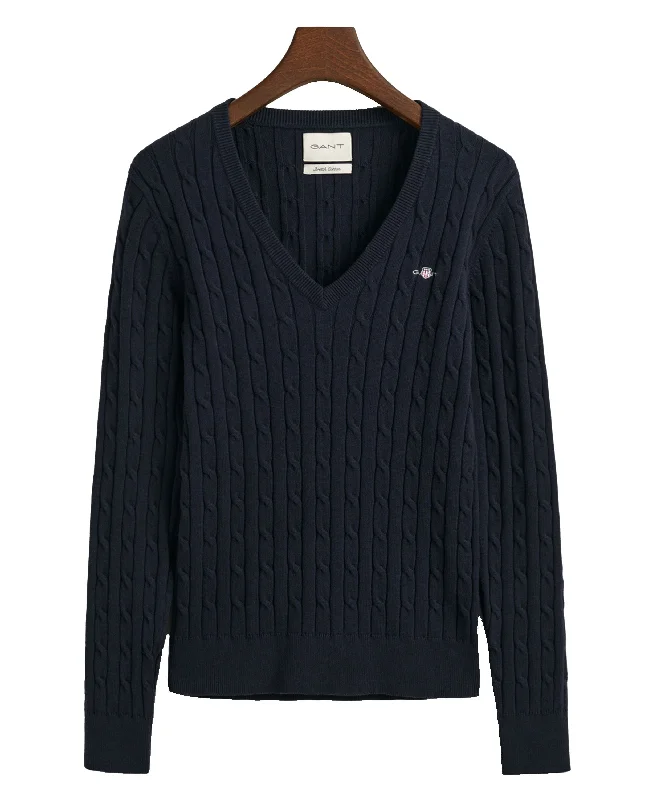 Stretch Cotton Cable V-Neck Sweater - Evening Blue Casual Formal Business