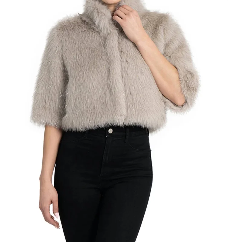 Allison Faux Fur Shrug Jacket In Silver Wool Fabric Cashmere Fabric Tweed Fabric