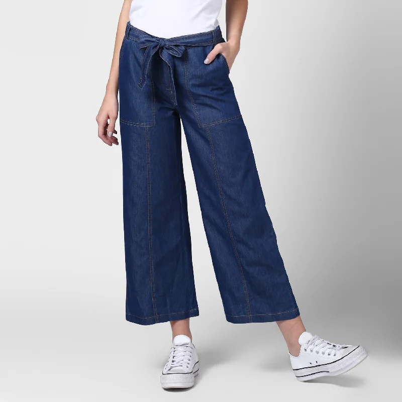 Women's Blue Denim Trousers with belt - StyleStone Trousers fashionable trendy