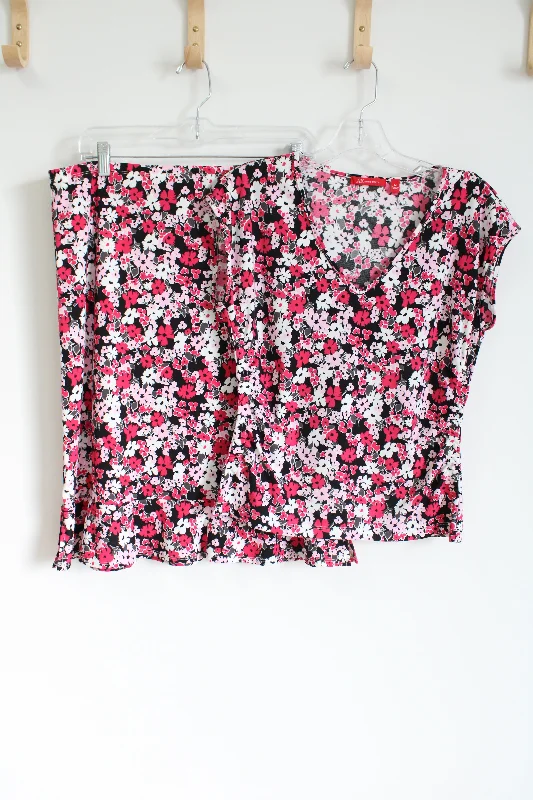 Anne Klein Pink Black Floral Top & Skirt Set | M silk skirt smooth