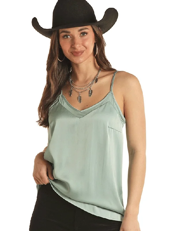 Rock & Roll Denim BW20T02697 Womens Mesh Inset Satin Tank Turquoise rhinestone tank top