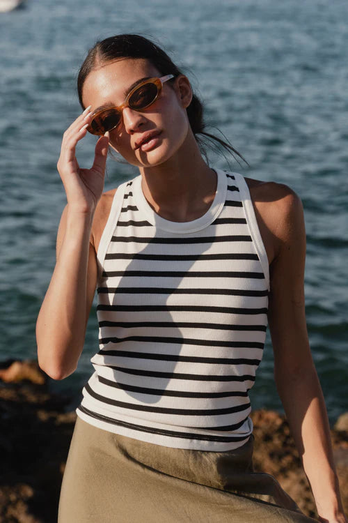 RE:UNION - Cobble Rib Cutaway Tank - White Black Stripe yoga tank top