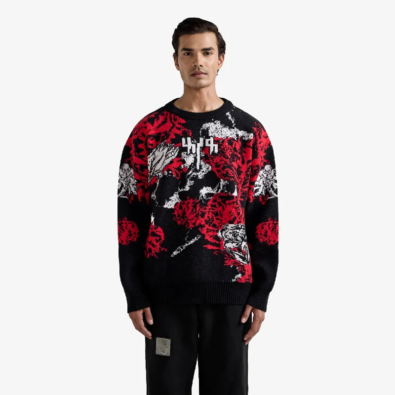 F A R A K | HALLUCINATION KNITTED SWEATSHIRT { BLACK/RED Hoodie with Toggle Buttons Decorative Unique