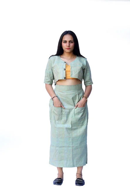 Lekha Sea Green Jacket, Skirt and Top Rayon Fabric Velvet Fabric Corduroy Fabric