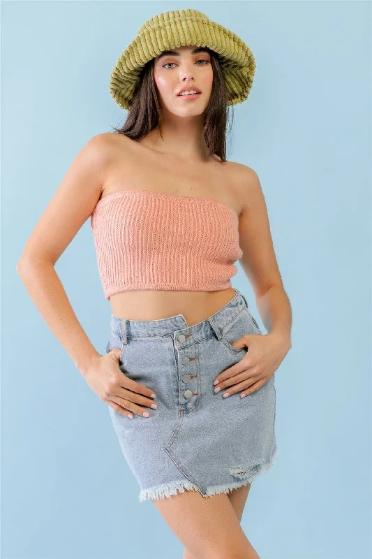 Dusty Peach Knit Strapless Crop Top /3-2-1 Mesh Fabric Canvas Fabric Denim Fabric
