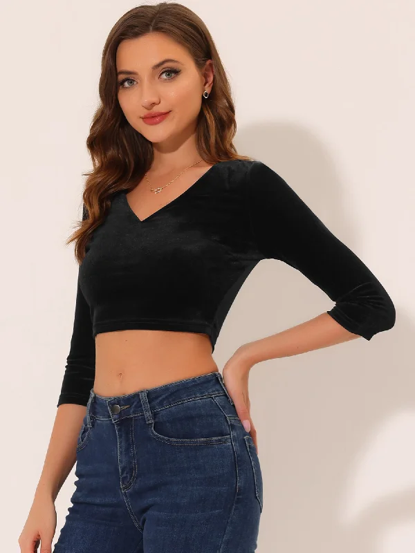 Velvet Blouse V Neck 3/4 Sleeve Solid Crop Top Zippered Front Buttoned Front Snap Front