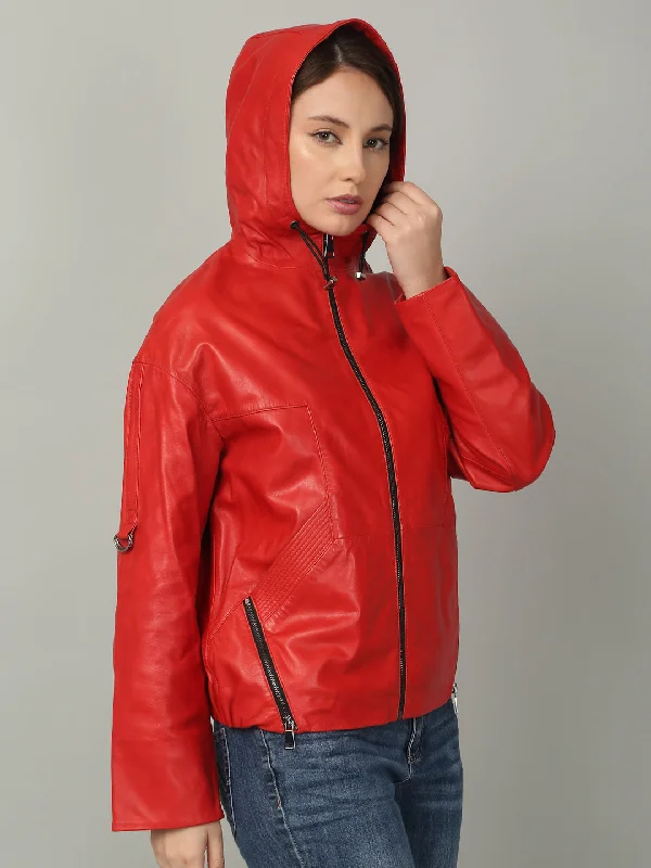 Women's Red Leather Hooded Jacket Satin Jacket Silk Jacket Chiffon Jacket