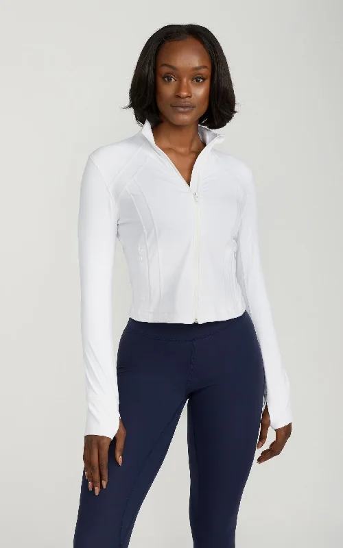 SA Cropped Contour Jacket in White Chenille Fabric Brocade Fabric Lace Fabric