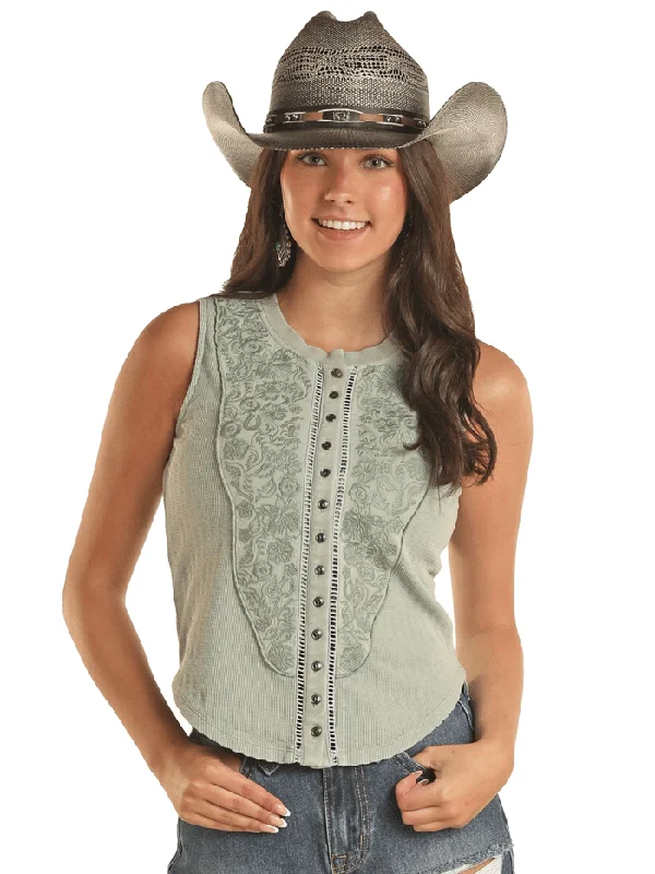 Rock & Roll Denim BW20T03302-GRN Womens Embroidered Floral Tank Jade Green coral tank top