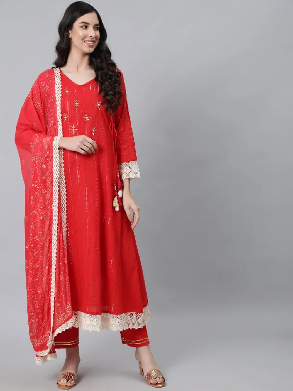 Women's Red Ethnic Motifs Yoke Design Layered Beads and Stones Pure Cotton Kurta, Dupatta with Trousers - Anubhutee Trousers Cargo Utility