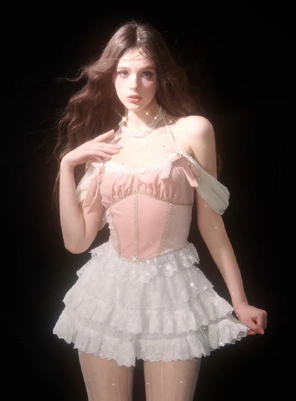 Velvet Pink Strapless One-Shoulder Short Sleeve Top & White Skirt Set casual skirt length