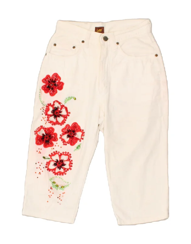 LEE Womens Graphic Capri Trousers W29 L15 White Floral Cotton Trousers Fleece Cozy