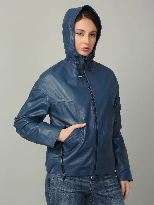 Women's Blue Leather Hooded Jacket Cotton Jacket Linen Jacket Terry Jacket