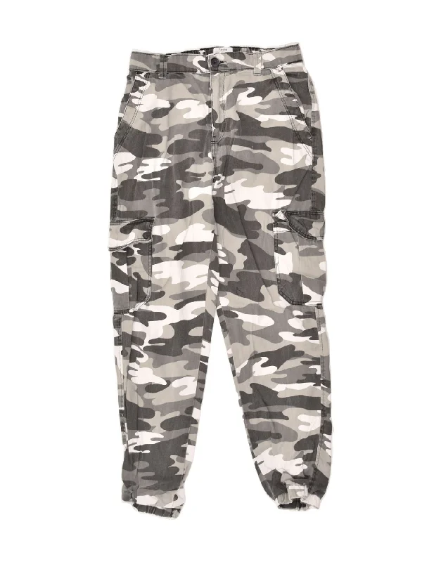 BERSHKA Womens Carrot Fit Joggers Cargo Trousers W31 L28 Grey Camouflage Trousers Denim Distressed