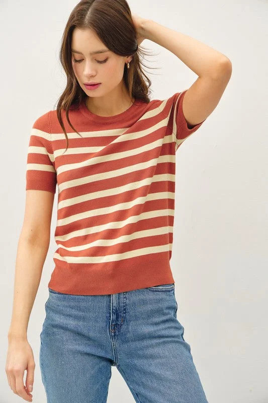 Lining Things Up Rust Striped Short Sleeve Sweater Top Thin Thick Dense