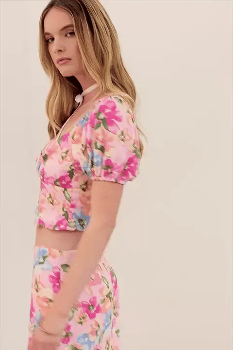 Floral Bustier Puff Sleeve Crop Top & Mini Skirt Set Notch Collar Peter Pan Collar Cowl Neck