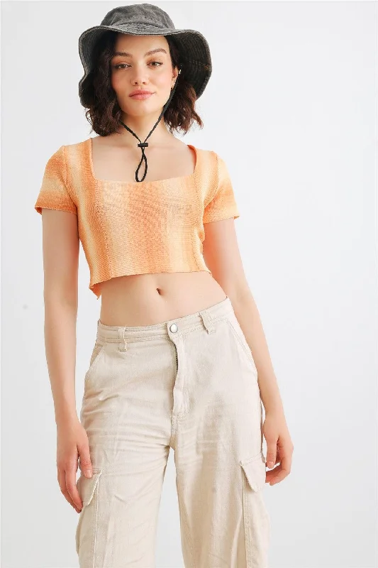 Orange Knit Short Sleeve Square Neck Short Sleeve Back Lace-Up Crop Top /3-2-1 Cozy Warm Stylish