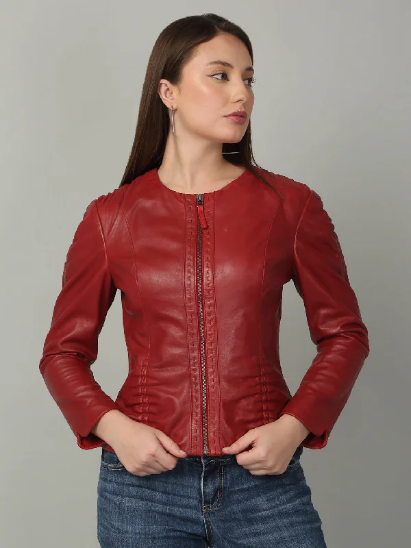 Women Red solid Leather Jacket A-Line Jacket Boat Neck Shawl Collar