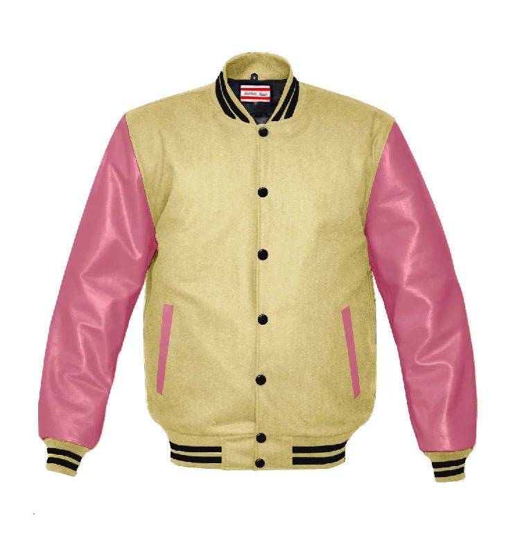 Superb Genuine Pink Leather Sleeve Letterman College Varsity Women Wool Jackets #PKSL-BSTR-BB Print Jacket Jacquard Jacket Embroidered Jacket