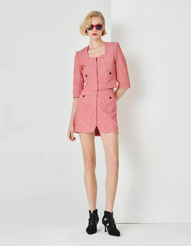 MARYLING Pink zigzag zip through short sleeve jacket Welt Pockets Slit Pockets Flap Pockets