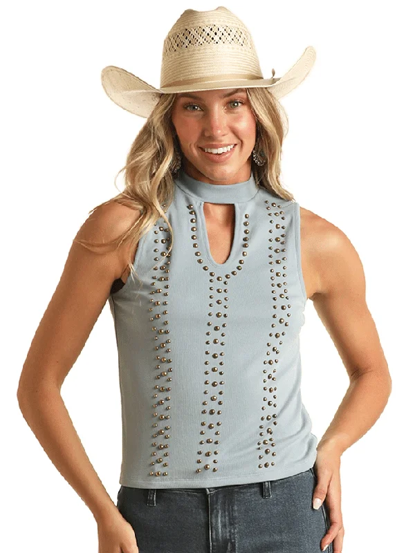 Rock & Roll Denim BW20T03259-46 Womens Ribbed Tank With Studs Powder Blue grey tank top