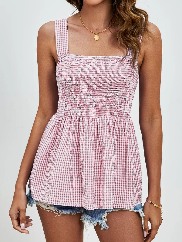 Summer Smocked Plaid Square Neck Tank long tank top