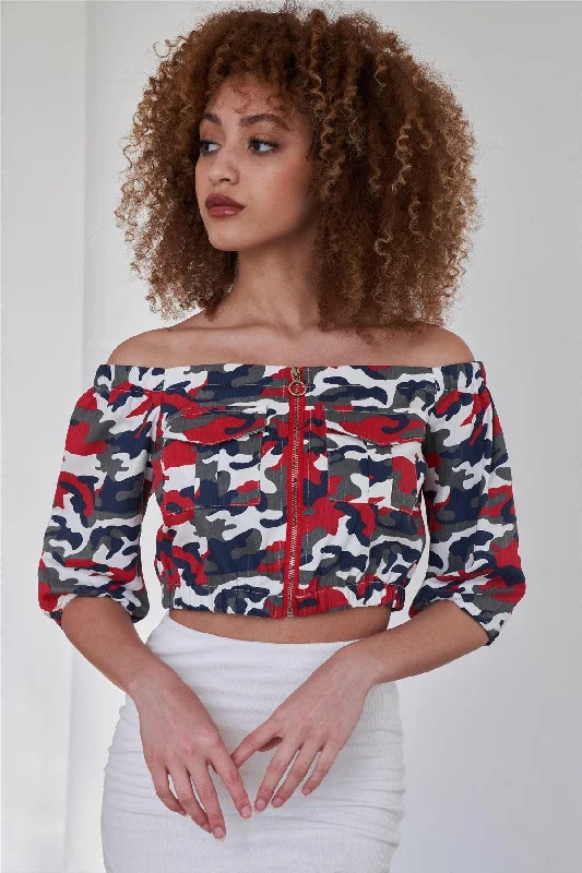 Navy Red Camo Print Off The Shoulder Cargo Crop Top Solid Print Embellished
